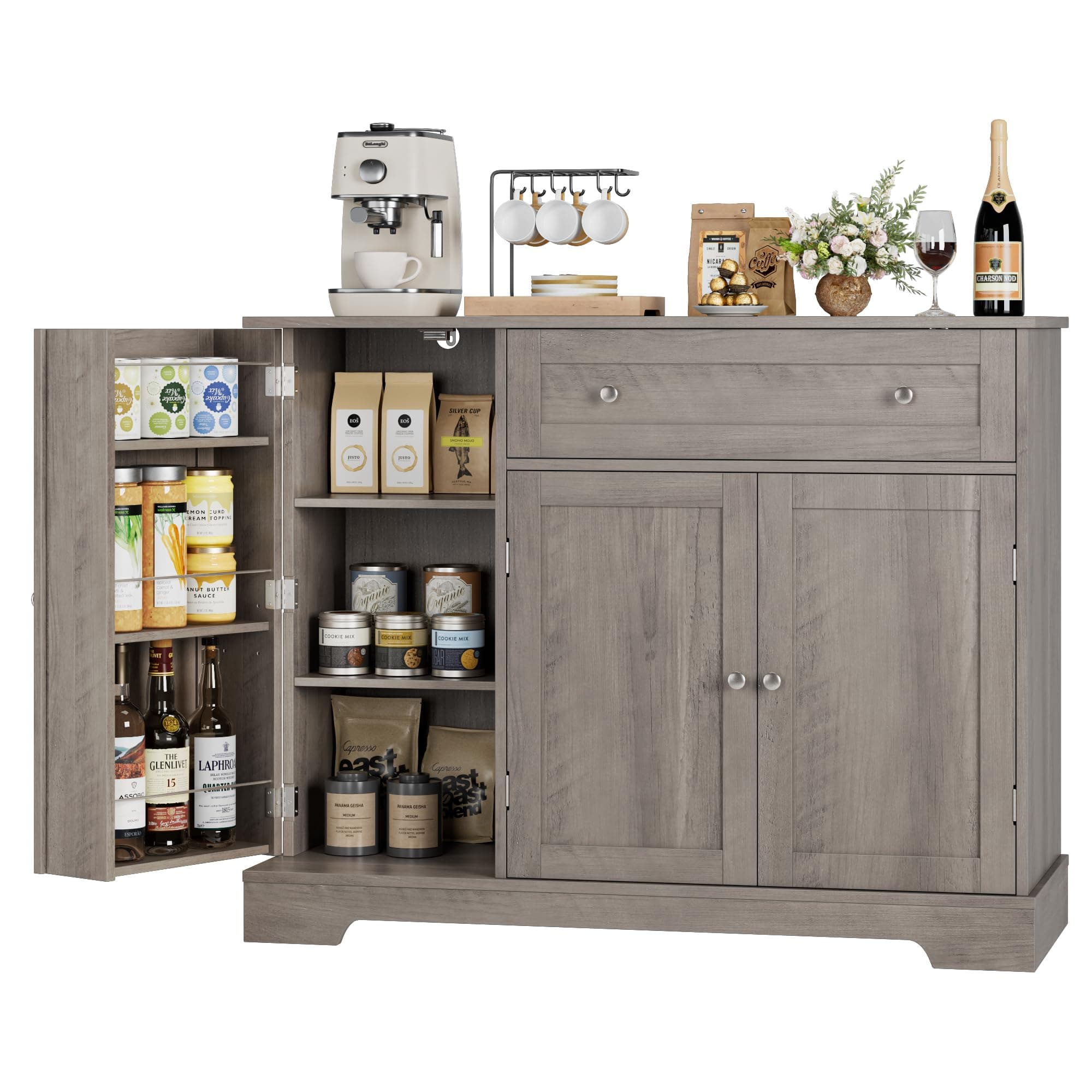 Buffet Cabinet with Storage, Modern Sideboard Buffet with Doors, Wood Coffee Bar Kitchen Storage Cabinet with Drawer and Adjustable Shelf for Kitchen, Dining Room, Living Room, Ash Grey