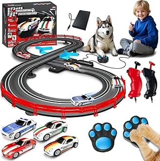 Slot Car Race Track Sets with 4 Exquisite Slot Cars, Battery or Electric Car Track, 2 Controllers, Lap Counter, Gift Toys for Boys and Girls Age 4 5 6 7 8-12