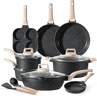 CAROTE Pots and Pans Set, Nonstick Cookware Sets, Classic Black Induction 14Pcs Cookware Non Stick Cooking Set w/Frying Pans & Saucepans