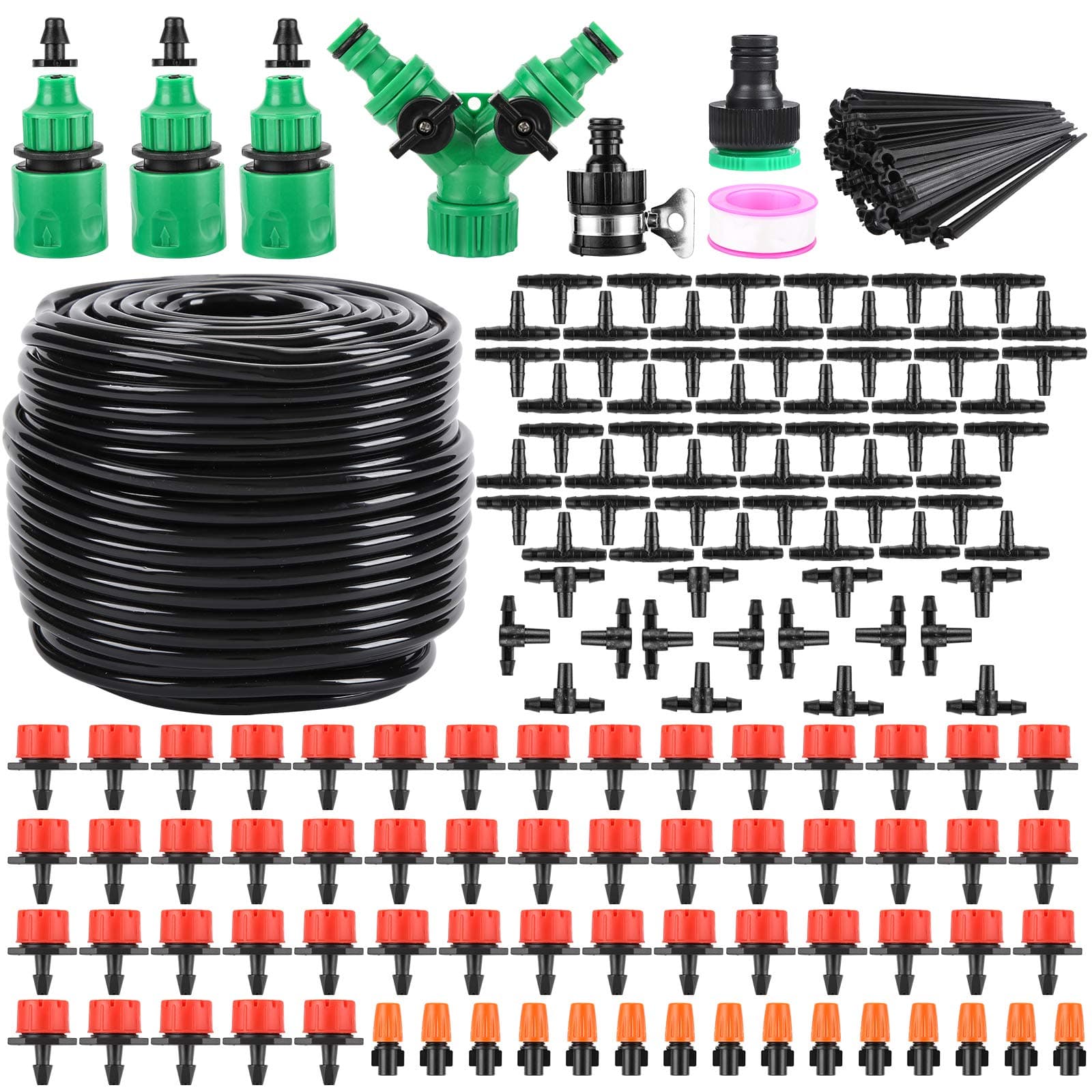 Garden Irrigation System 164FT 200 Pack Drip Irrigation Kit 1/4" Blank Distribution Tubing Watering Drip Kit Automatic Irrigation Equipment for Garden Greenhouse, Flower Bed,Patio,Lawn