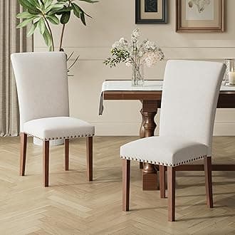 Upholstered Parsons Dining Chairs Set of 2, Fabric Dining Room Kitchen Side Chair with Nailhead Trim and Wood Legs - Beige