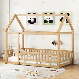 Bellemave Twin Size House Frame Wooden Montessori Floor Bed with Fence for Kids, Natural