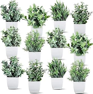 Dekorly Artificial Potted Plants, Artificial Plastic Eucalyptus Plants Small Indoor Potted Houseplants, Small Faux Plants for Home Decor Bathroom Office Farmhouse (Set 0F 12)