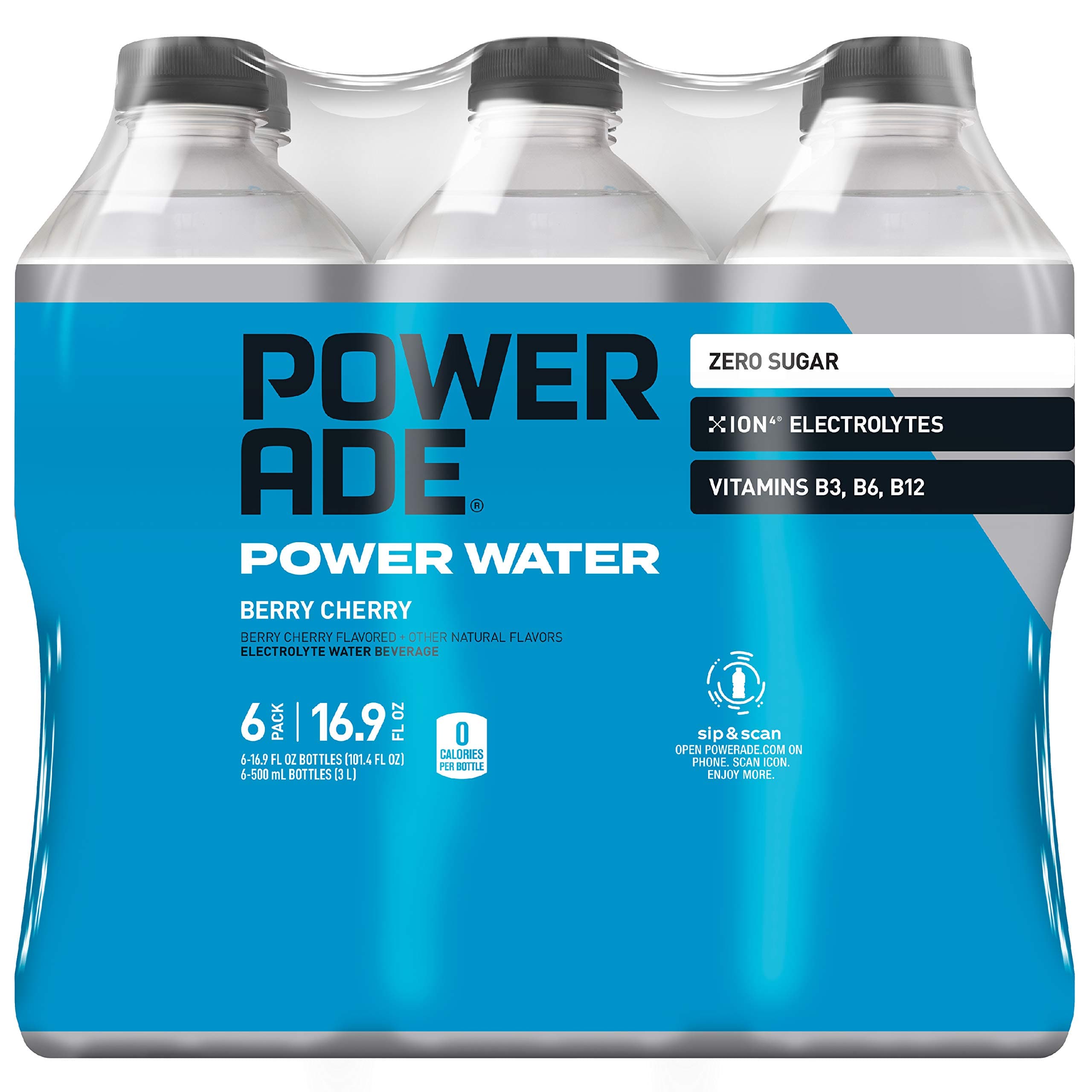 POWERADE Power Water, Berry Cherry, Zero Sugar Zero Calorie ION4 Electrolyte Enhanced Fruit Flavored Sports Drink Bottled Water, w/ Vitamins B3, B6, and B12, 16.9 Fl Oz (Pack of 6)