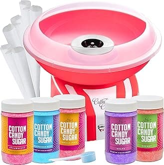 The Candery Cotton Candy Machine and Floss Bundle- Bright, Colorful Style- Sugar Free Candy, Sugar Floss, for Birthday Parties - Includes 5 Floss Sugar Flavors 12oz Jars and 50 Paper Cones & Scooper