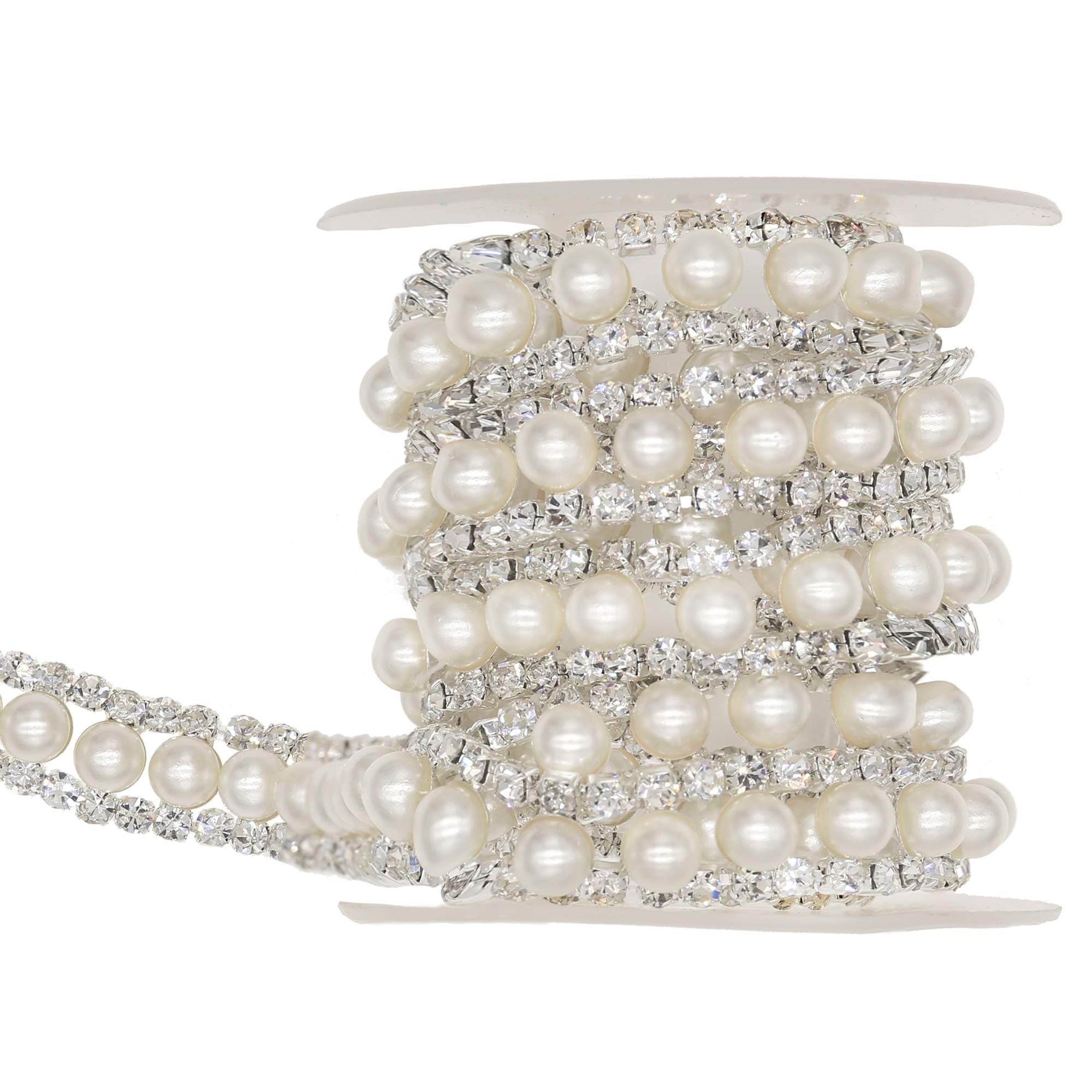 XIAOTAI Rhinestone Trims 5 Yards 2 Rows Silver Close Chain Banding Diamond Inlaid White Pearl Beaded for Clothing and Bridal Bouquet Embellishments Exquisite Wedding Ideas