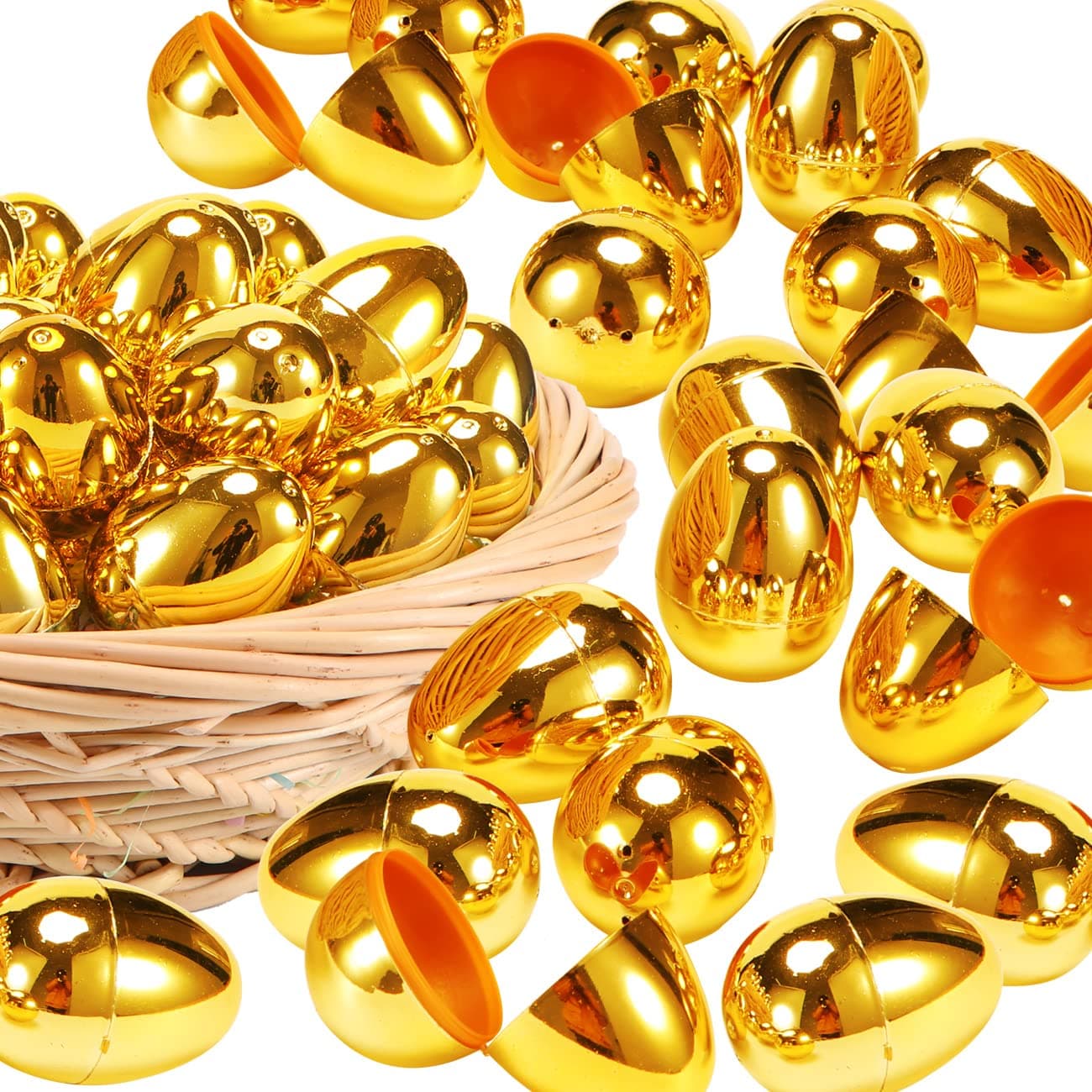 36 Pcs Golden Easter Eggs-2 3/8" Gold Color Plastic Easter Eggs for Filling Specific Treats, Easter Theme Party, Easter Eggs Hunt and Basket Stuffers Fillers (36 Piece)