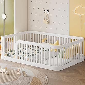 Full Floor Bed with High Fence and Rounded Corner Design, Montessori Floor Bed Frame with Guardrail and Entrance, Easy Assemble Montessori Bedd Full Size, White