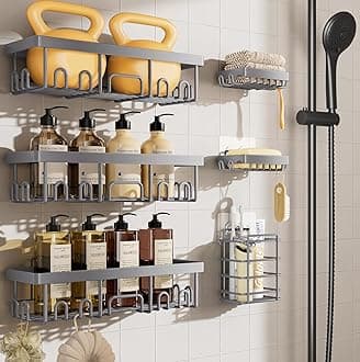 VekenVeken Adhesive Shower Caddy 6-Pack,Heavy Weight Bearing,Large Wall Mounted Shower Shelves Rack,Organizer Storage Accessories with Soap Dish&Toothbrush Holder,Ideal for Bathroom,Home&Kitchen,Grey