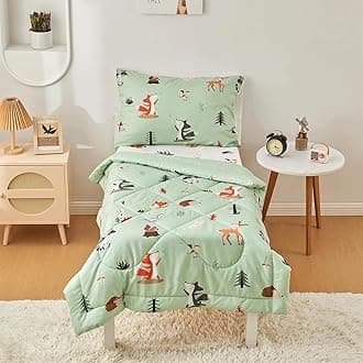 beeweed 4 Pieces Woodland Animal Toddler Bedding Set Boys Girls, 2 Sides Design Fox Bed in a Bag Comforter Set, Includes 1 Comforter, 1 Fitted Sheet, 1 Flat Sheet and 1 Reversible Pillowcase