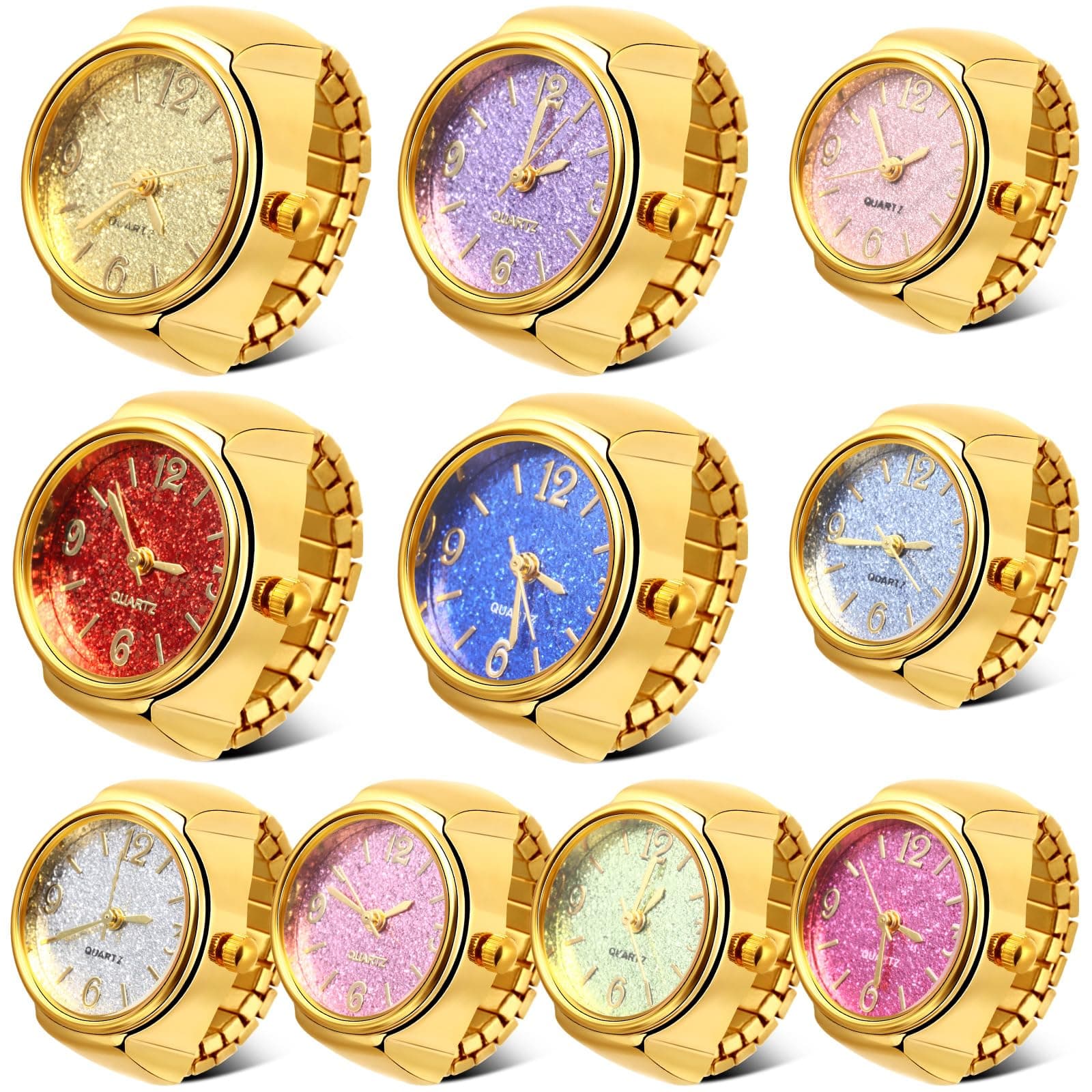 10 Pcs Finger Watches for Women Men Adjustable Clock Rings Bulk Creative Elastic Round Quartz Finger Watches