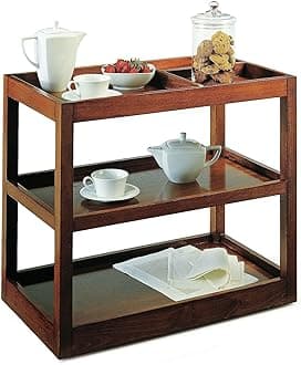 Tea-bar Table Three Shelves Wooden 3-Tier Rolling Cart Large Trolley with Wheels, Wood Polish Solid Wooden Bar Serving Trolley