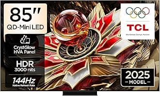 – TCL 85Q7C Television 85 Inch Smart TV 4K QD-Mini LED Colorful Quantum Crystal HDR 3000nits Gaming Google TV, 144Hz Native Refresh Rate, Audio by Bang & Olufsen, Dolby Atmos, Game Master (2025 Model)