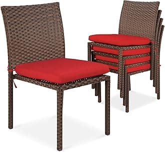 Set of 4 Stackable Outdoor Patio Wicker Chairs w/Cushions, UV-Resistant Finish, and Steel Frame - Brown/Red