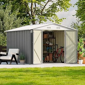 Patiowell 8x10 FT Outdoor Storage Shed, Large Garden Tool Metal Shed with Sloping Roof and Double Lockable Door, Outdoor Sheds for Backyard Garden Patio Lawn,Grey