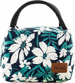 winmaxInsulated Lunch Box Bag, Portable Cooler Bag, Reusable Lunch Tote Bag for Women (White Flower)