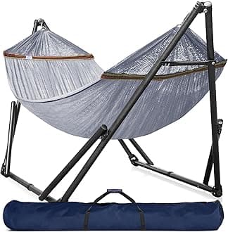 Universal Double Hammock with Stand Included for 2 Persons/Foldable Hammock Stand 600 lbs Capacity Portable Case - Inhouse, Outdoor, Camping, Grey