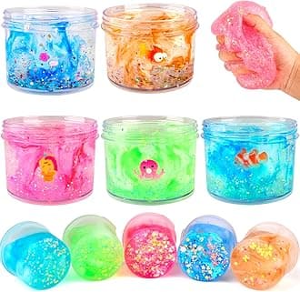 5 Packs Crystal Slime Kit, Ocean Clear Slime Kit, Non Sticky Super Soft Stress Relief Toy, Kids Party Favour Birthday Easter Christmas New Year Gift Sequin Slime for Girls Boys
