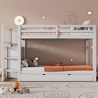 BTM Triple Bunk Bed, 3FT Single Bunk, Wooden Bunk Beds With Ladder for Triple Sleeper, Kids Bunk Bed, Staircase Design with 4 Drawers, Abundant Storage Space, Solid Pine Wood, 90x190cm