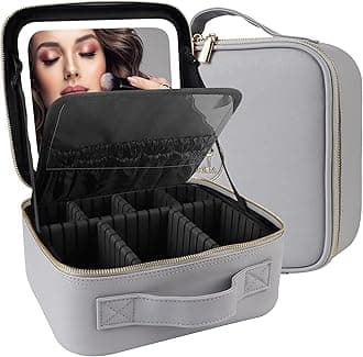 MOMIRA Travel Makeup Bag Cosmetic Bag Makeup Organizer Bag with Lighted Mirror, Adjustable Brightness in 3 Color Scenarios, Waterproof Makeup Train Case, Gift for Women, Z-Grayish, Small, Integrated