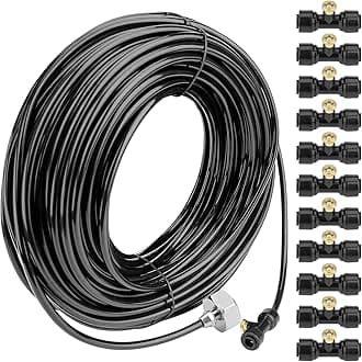 Awpeye Misting Cooling System 98.4FT (30M) Misting Line + 50 Brass Mist Nozzles + 45 T-Connectors + 1 Faucet Adapters (3/4") Outdoor Mister for Patio Garden Greenhouse Trampoline for Waterpark