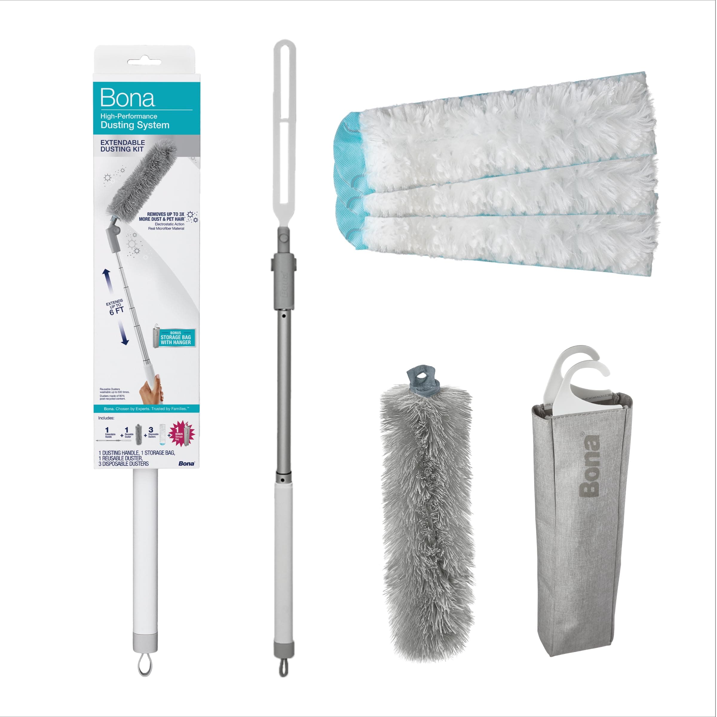 Bona High Performance Dusting System - 1 Extendable Handle, 3 Disposable Dusters, 1 Reusable Duster, & 1 Storage Bag - Extendable Dusting Kit