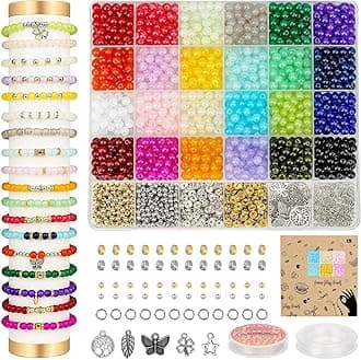 6mm Glass Beads Bracelet Making Kit 1400pcs, 24 Colors Crystal Beads for Jewelry Making Round Beads DIY Crafts with Spacer Beads Charms Accessories