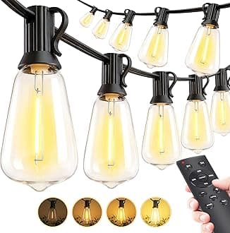 Outdoor String Led Patio Lights - 50Ft 15M Outside Waterproof Light With Remote Dimmable ST38 Shatterproof Bulb Connectable Hanging Outdoor Electric Lighting For Backyard Yard Gazebo Porch Party