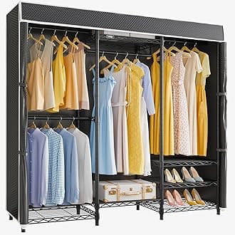 V5C Medium Covered Clothes Rack Heavy Duty Portable Closet Wardrobe, Freestanding Black Clothing Rack with Black Upgarded Polyester Cover, Adjustable Custom Closet Rack, 56.7" Lx15.7 Wx76.4 H