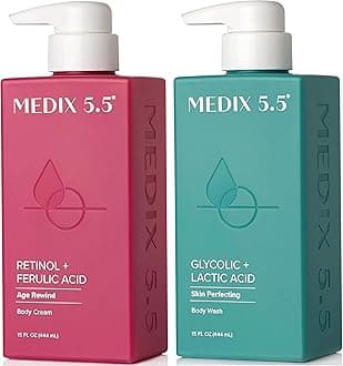 Medix 5.5 Exfoliating AHA Glycolic Acid Face & Body Wash Cleanser + Retinol Moisturizing Body Cream Lotion Skin Care 2PC Set | Alpha Hydroxy Acid & Lactic Acid Foaming Face Wash, 2-PC