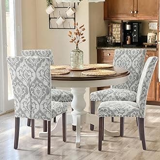 Upholstered Parsons Dining Chairs Set of 4, Fabric Dining Room Kitchen Side Chair with Nailhead Trim and Wood Legs - Grey/White Flower