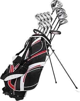 PRECISE 18 Piece Men's Complete Golf Club Package Set With Titanium Driver, #3 & #5 Fairway Woods, #4 Hybrid, 5-SW Irons, Putter, Stand Bag, 4 H/C's - Choose Color & Size Regular Size red