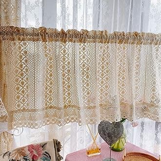 Rustic Crochet Curtain Valance for Kitchen Bathroom Farmhouse Lace Curtain Tiers for Coffee Decor Room Divider Rod Pocket Hollow Out Short Curtains for Closet Doorway 1 Panel W78 X L17 Inch