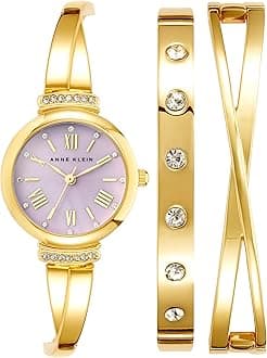 Anne Klein Women's Premium Crystal Accented Bangle Watch Set, AK/2245, Gold