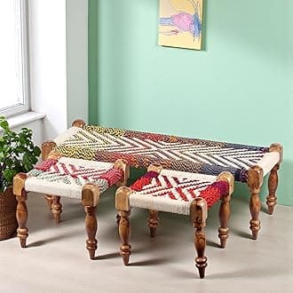 - Ikiriya Hamilton Sheesham Wood 2 Seater Maachi Bench Set with 2 Stools for Living Room Home and Garden- Assorted Chindi & White Rope Canning (Teak Finish) - 17 x 48 x 16 Inch