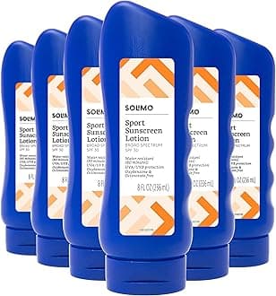 Amazon Brand - Solimo Sport Sunscreen Lotion, SPF 30, (Octinoxate & Oxybenzone Free), Broad Spectrum UVA/UVB Protection, unscented, 8 fl oz (Pack of 6)