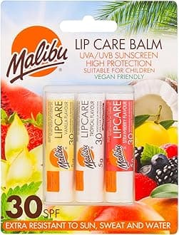 Malibu Sun SPF 30 Lip Balm Sunscreen, Vanilla, Tropical, Strawberry 3 x 5g