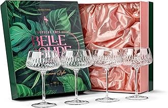 GLASSIQUE CADEAU Vintage Flamingo Belle Coupe Glasses for Cocktails and Champagne | Set of 4 | 340 ml Crystal Retro Style Stemmed Saucers for Elegant Bar Drinks | Tropical Glassware Collection