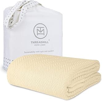 Threadmill Vanilla Cream 100% Combed Cotton King Size Blanket, All-Season Soft Breathable Light Weight Herringbone Throw