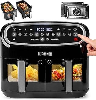 Duronic AF24 Dual Air Fryer, 10L Large Capacity Digital Air Fryer with Dual Zone Baskets, 10 Cooking Presets, Sync Cook & Finish, 2400W Fast Cooking, Viewing Window, Dishwasher-Safe – Family Size
