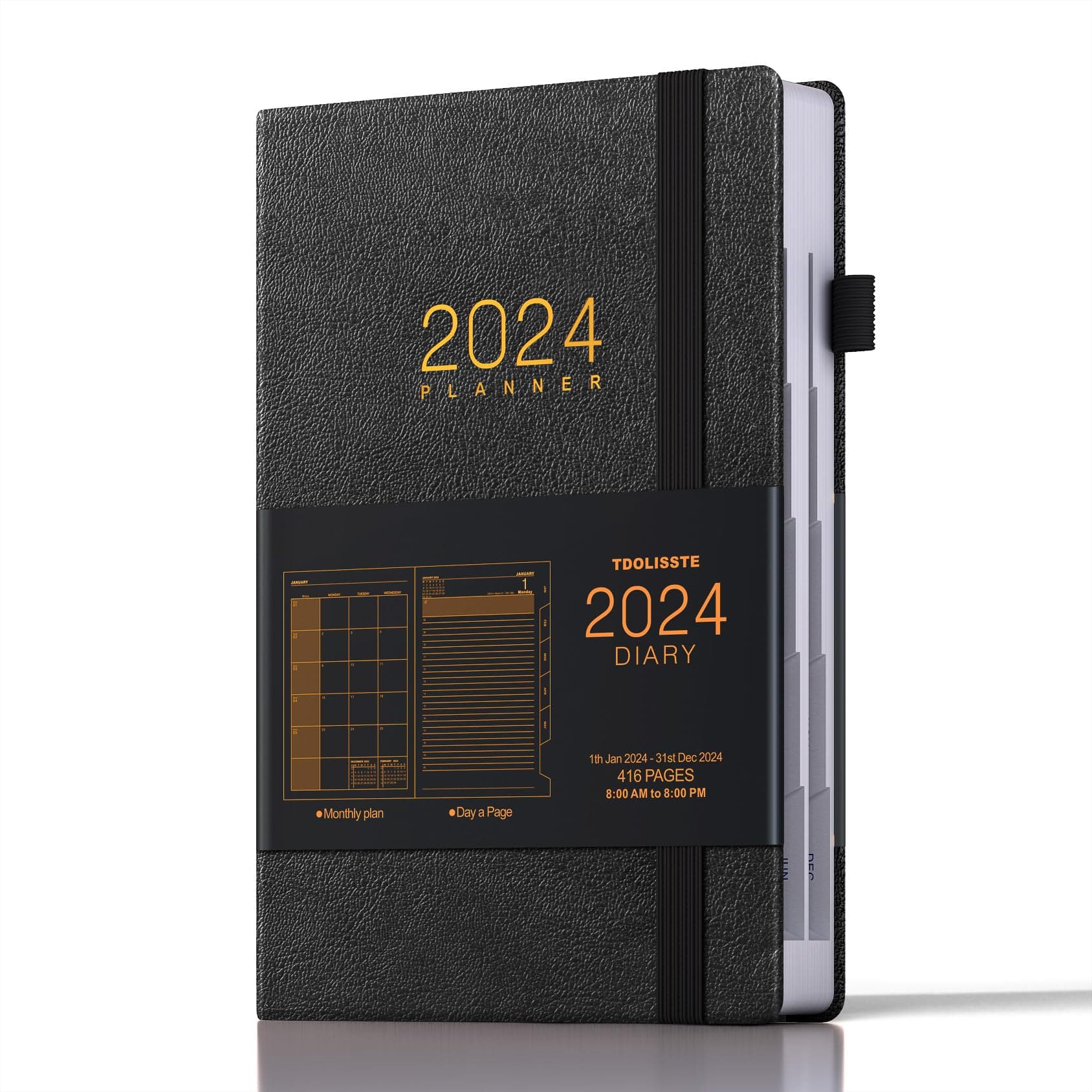TDOLISSTE - Academic Diary 2024 Day to Page A5 Planner (366-page daily plan and 24-page monthly plan), Pen Loop and Inner Pocket, Hardback Cover Black