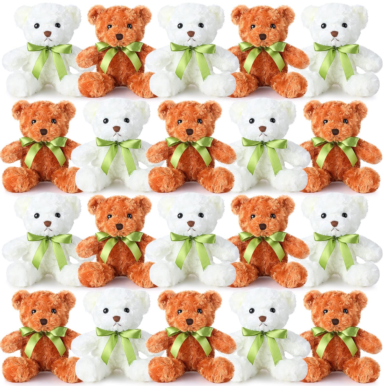 HyDren 24 Pcs Bear Bulk Plush Stuffed Animals 10 Inch Cute Soft Stuffed Bear with Green Bow for Kids Mother Birthday Gift Holiday Party Baby Shower Valentine Christmas(Light Brown, White)