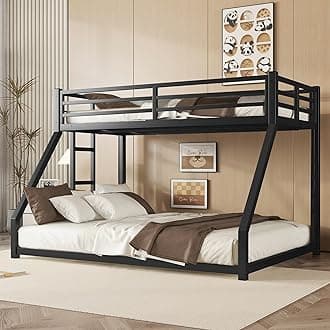 Twin Over Full Bunk Bed for Adults with Stairs Flat Rungs, Metal Bunk Beds Twin Over Full Size for Teens Dorm Bedroom Guest Room,Heavy Duty Bunk Beds with Ladder