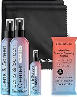 Elite Tech Gear Optical, Screen & Lens Care Kit - 3pc Spray (2x4oz+1oz) with 2 Microfiber Cloths - Alcohol-Free Eyewear Solution - 5pc Glasses Cleaner