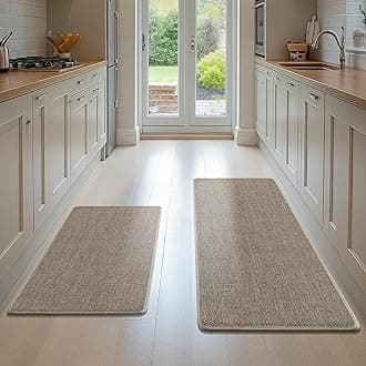 Kitchen Rugs Set of 2, Washable Rubber Backing Non Slip Runner Rugs for Office, Home, Front of Sink, Absorbent Kitchen Mats for Floor（Beige, 17.3"x47"+17.3"x29"）