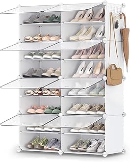 Shoe Rack Organizer, 8-Tier Shoe Storage Cabinet for Closet and Entryway, Holds 32 Pairs of Shoes, Adjustable, Cloud White and Trasparent ULPC034W01