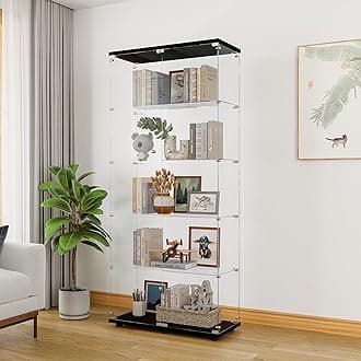 LFT HUIMEI2Y Glass Display Cabinet 5-Shelf with 2 Doors and Lock, Curio Cabinets Upgraded Quick-Install Style 5mm Tempered Glass Floor Standing Bookshelf for Living Room, Bedroom, Kitchen Black