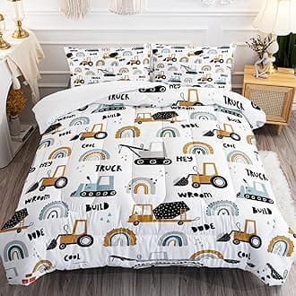 BailiPromise Cartoon Car Boys Comforter Set Construction Vehicles Kids Bedding Set Twin Size 3Pcs Rainbow Excavator Tractor Comforter Duvet Quilt Toddler for All Season
