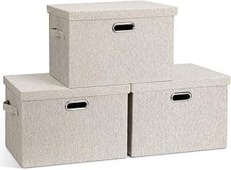 Graciadeco Large 17" 36 Quart Collapsible Stackable Storage Bins with Lids, 3 Packs Beige Linen Fabric Closet Boxes with Lids, Storage Cube Baskets Container Organizers for Bedroom Office(17 x12 x11)