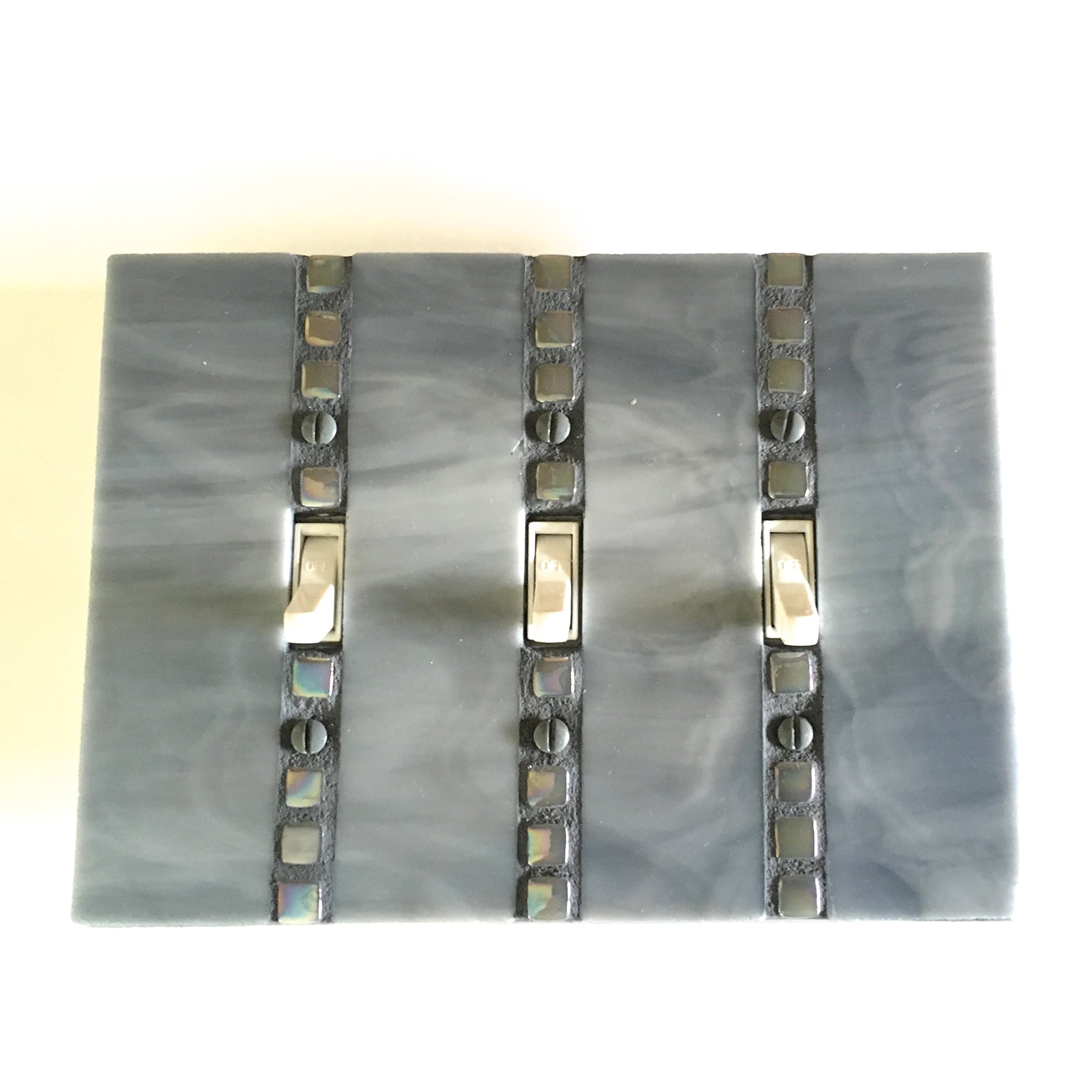 Handmade Triple Toggle Light Swich Cover, Decorative Switch Plates, Gray Glass, Grey Switchplate, Lightswitch Plate, Stained Glass, 8705